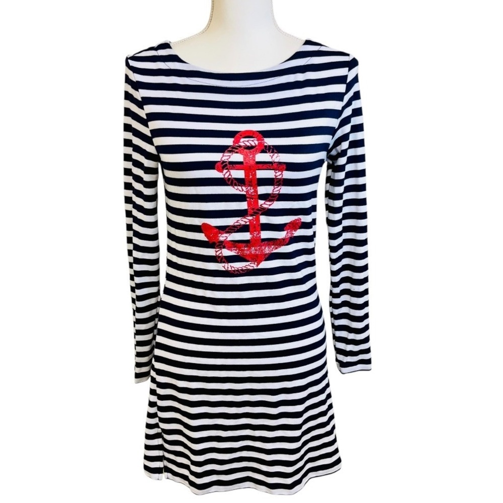 BLUE CARIBBEAN Beachwear Striped‎ Anchor Long Sleeve Dress XS Fisherman Nautical